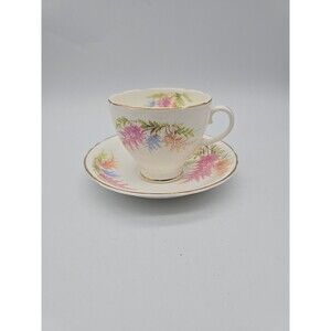 VTG Crownford Astilbe Floral Fine Bone Cina Teacup & Saucer England Gold Trimmed